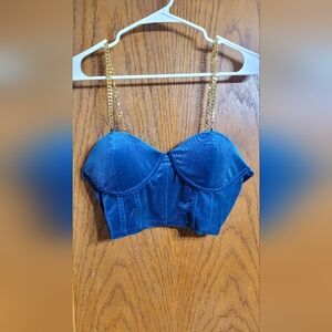 SHEIN Blue Crop Top with Gold Chain Straps